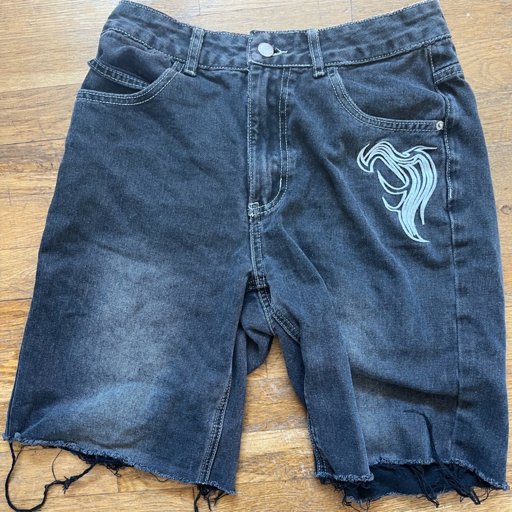 Distressed Black Denim Jean Shorts with Embroidery